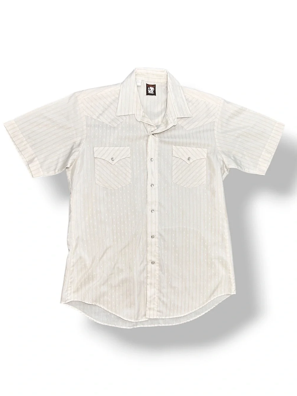 4/$20 Karman Pearl Snap Western Shirt Beige Stripe Cowboy Rodeo Long Tail L VTG